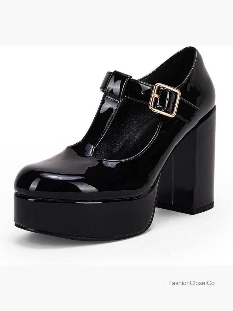 T-Strap Round Toe Chunky Platform Heels Mary Jane Dress Shoes